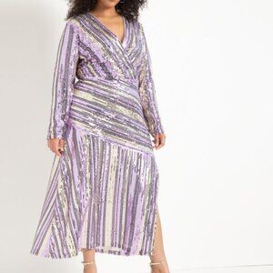 Eloquii NWT Long Sleeve Purple Stripe Sequined Midi Dress size 28